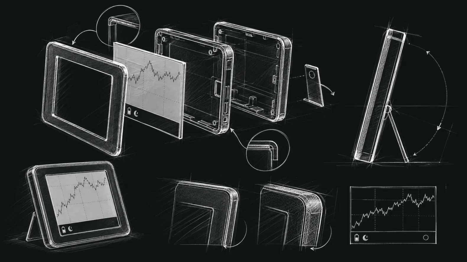 Technical illustration of NOYCE One showing its display, enclosure, stand and internal construction