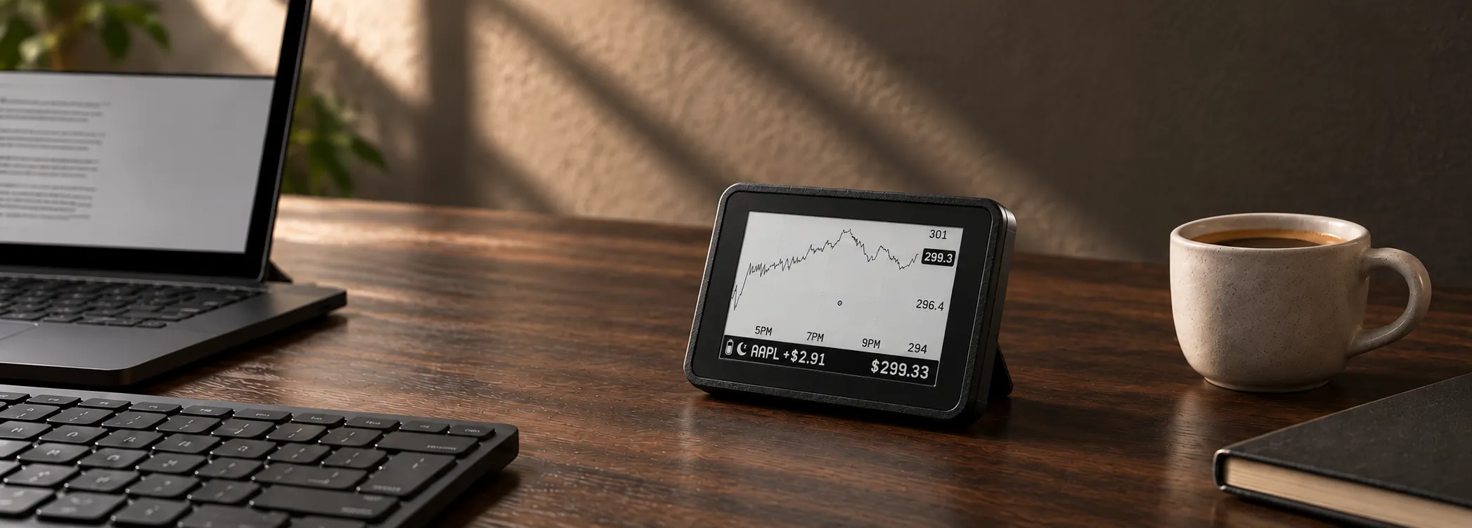 NOYCE One e-paper stock ticker display on a wooden desk beside a laptop, keyboard and coffee