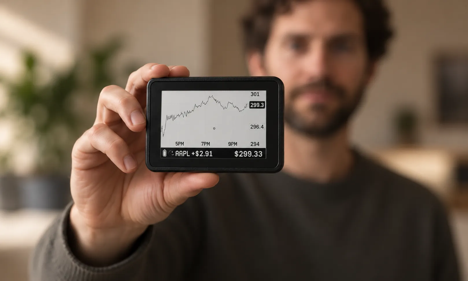 A person holding the compact NOYCE One stock ticker display in one hand, showing its palm-sized design